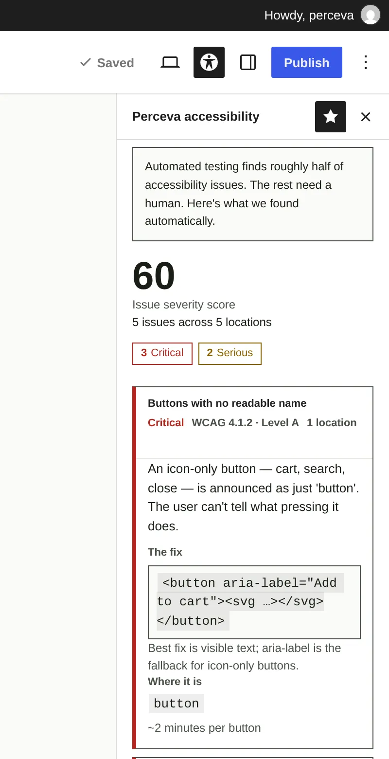 The Perceva panel open in the WordPress block editor. It shows an issue severity score of 60, five issues across five locations with severity labels, and one issue opened to its WCAG criterion and a copy-paste fix.